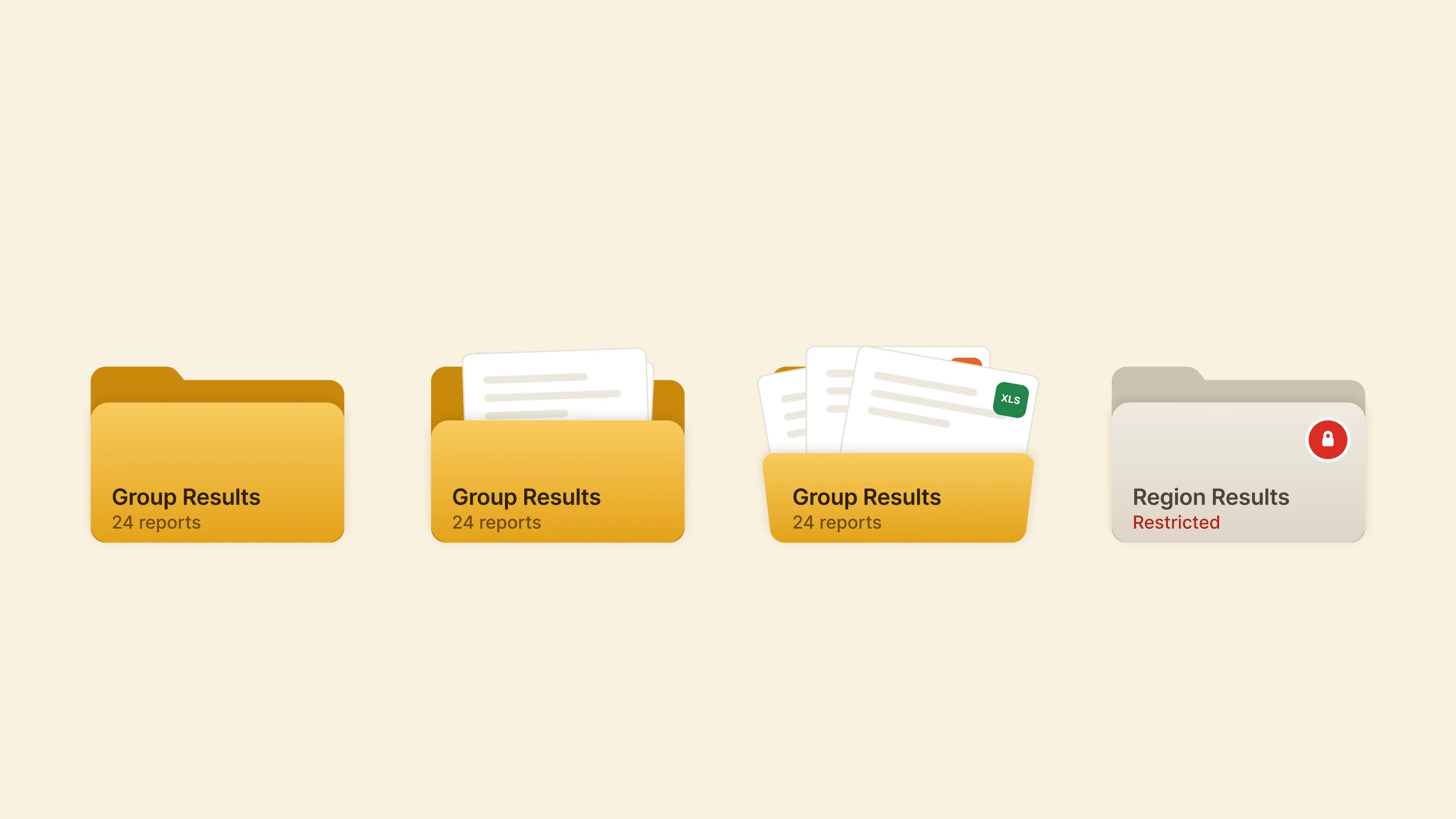 The folder component closed, peeking with files rising, open with files fanned out, and locked