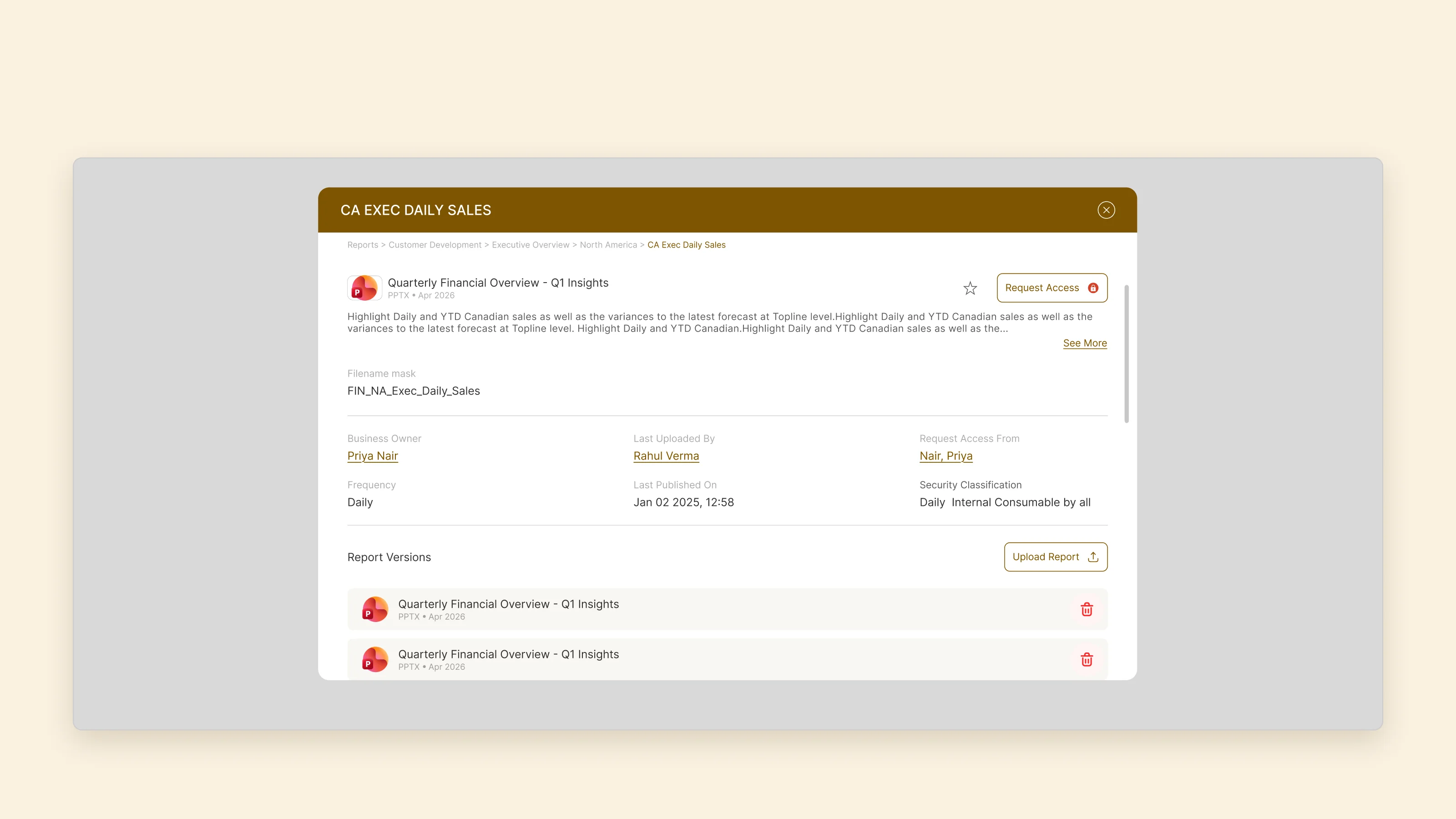 Desktop report info modal: breadcrumb path, description, owner, uploader, access contact, frequency, security and versions