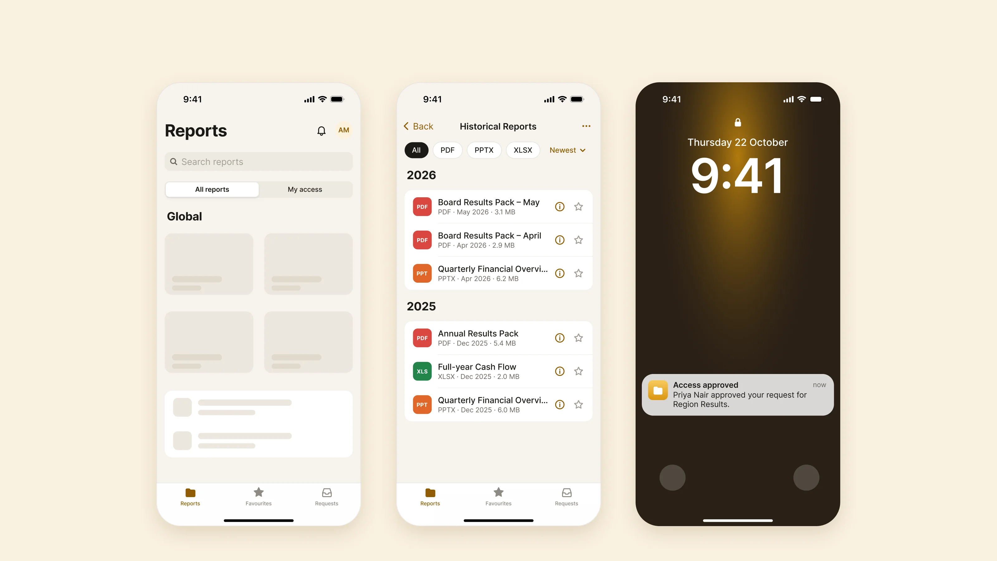 Three screens: home while loading, a sub-folder grouped by year, and the lock-screen notification