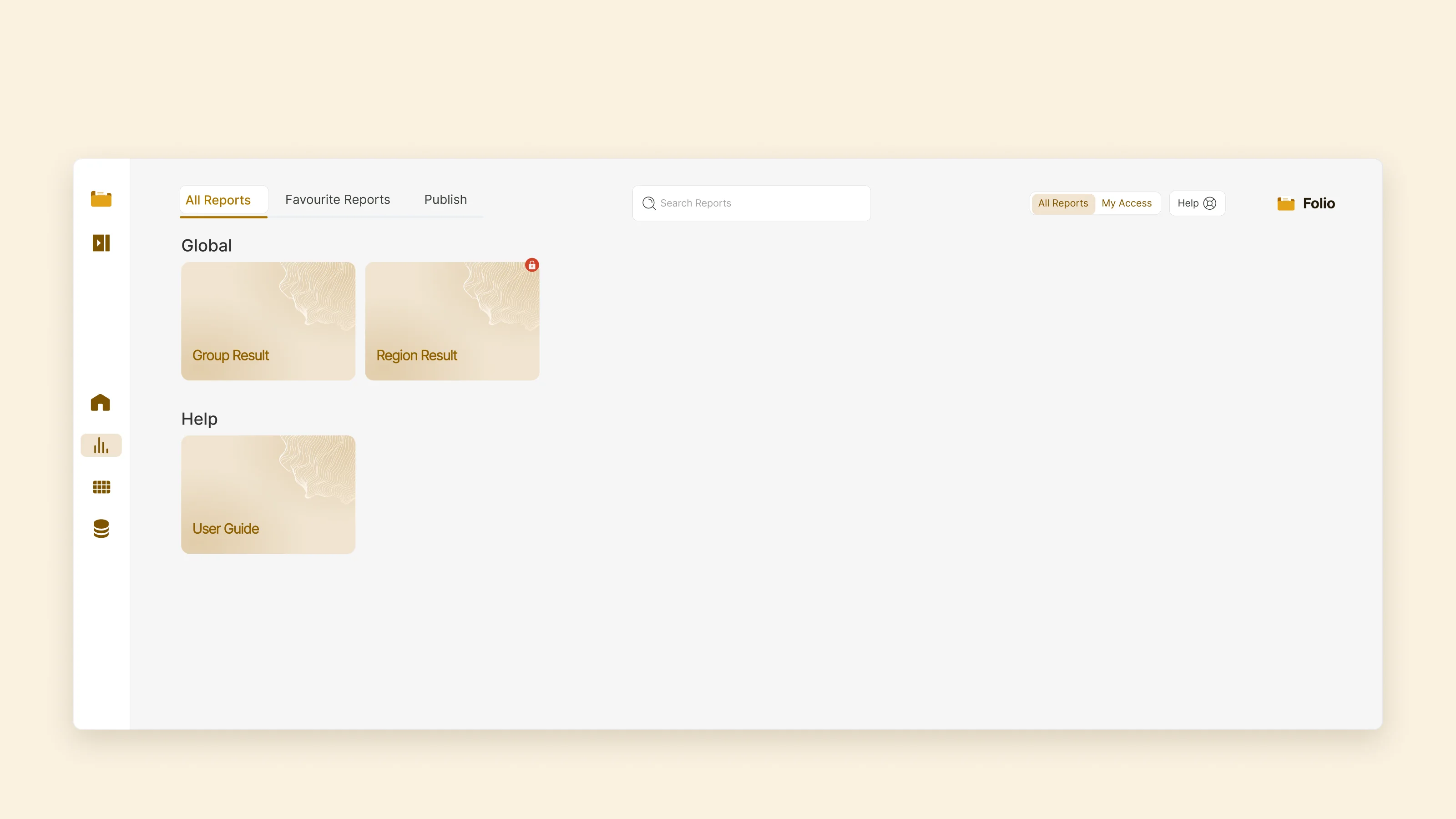 Desktop report library: tabs for all reports, favourites and publish, with shelves of folder cards and a locked folder