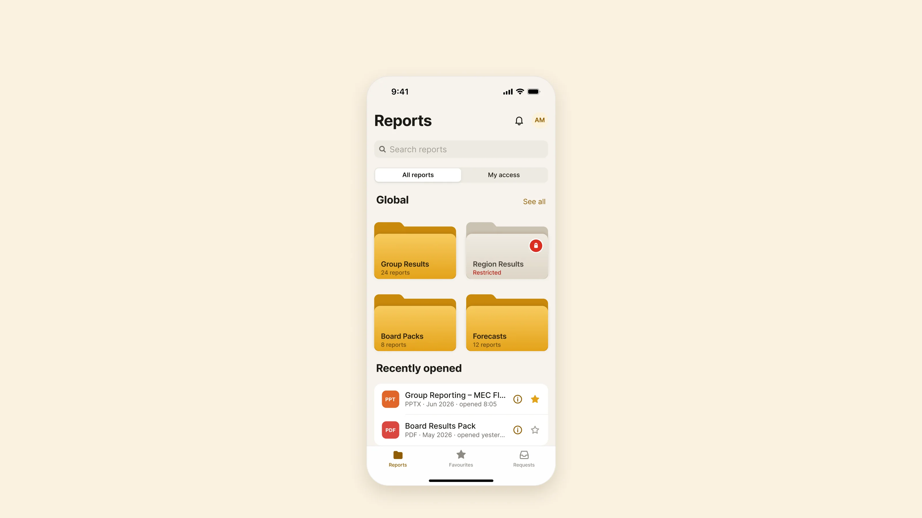 Folio home on iOS: search, a switch between all reports and my access, shelves of folders, and the tab bar