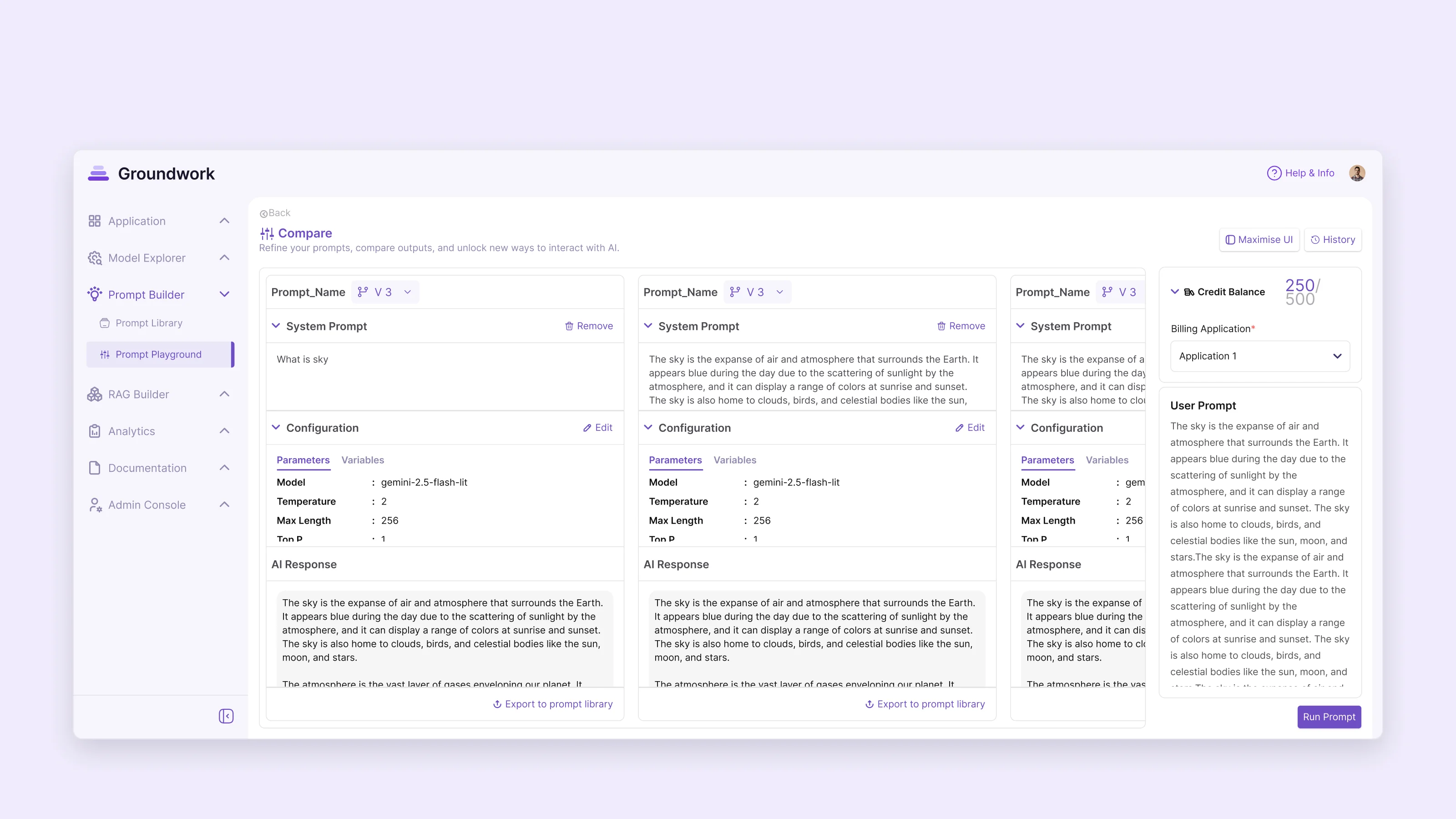 Compare view: one user prompt run against three prompt setups, each with its model, parameters and response