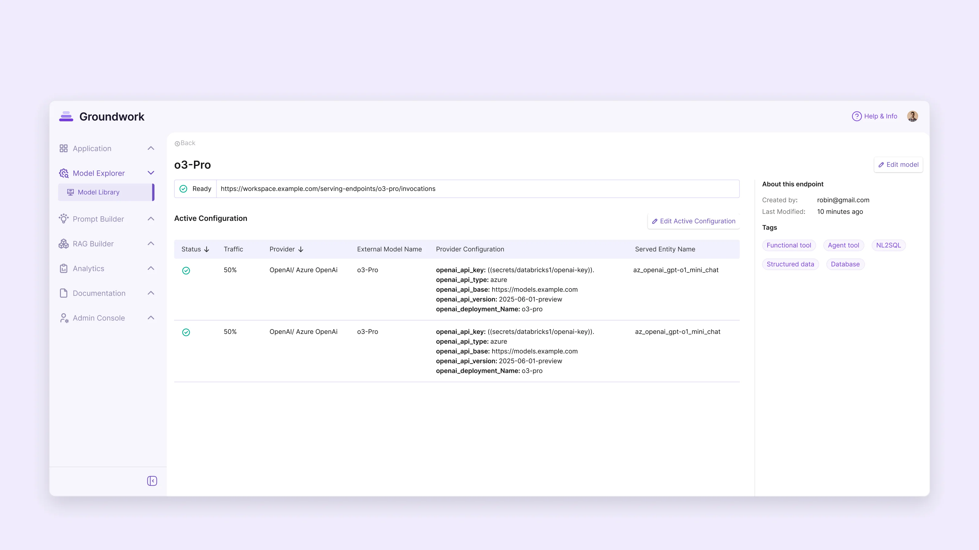 Model endpoint page: ready status, invocation URL, and two configurations each taking half the traffic