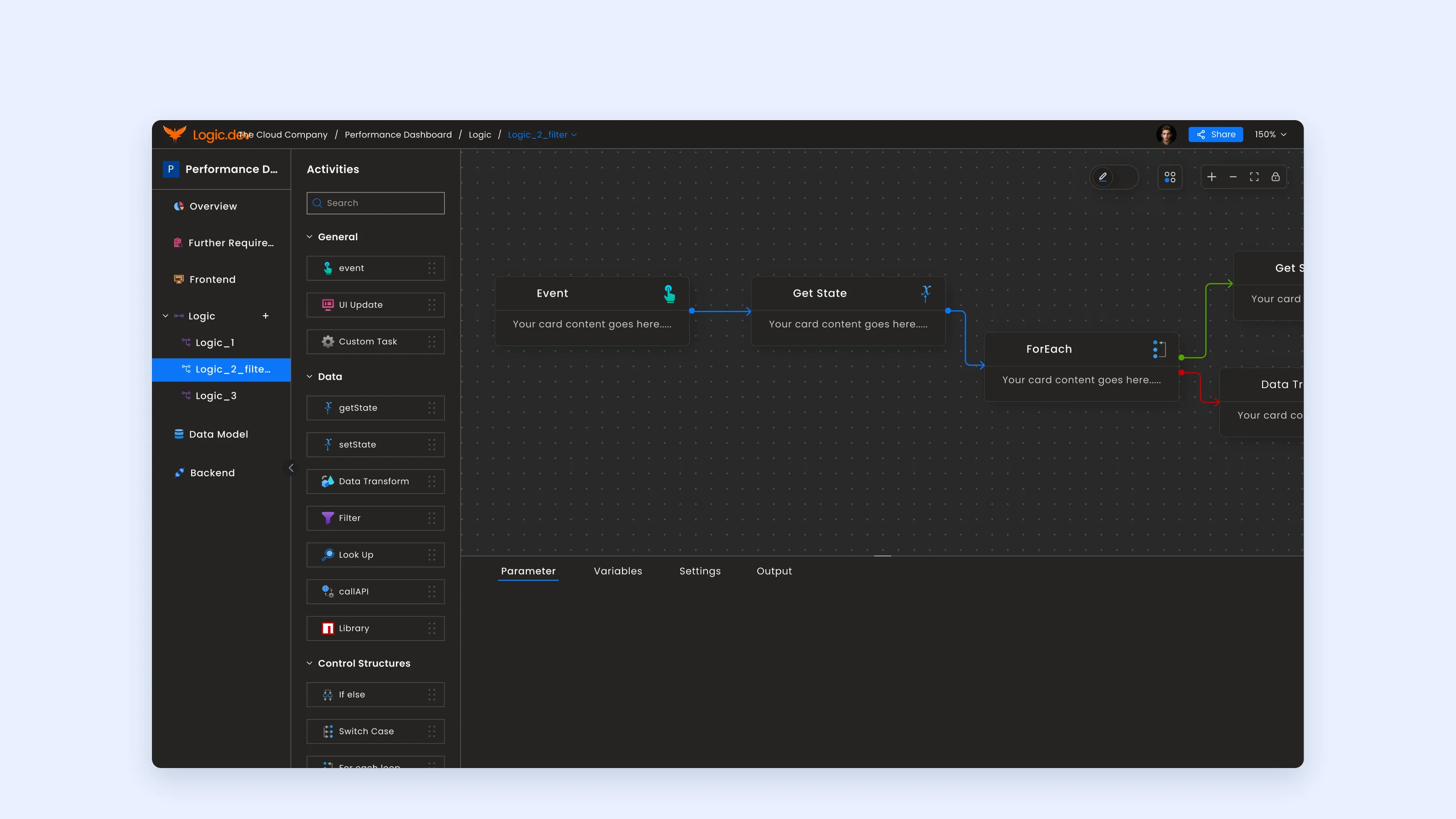The earlier logic canvas: a palette of blocks, a few connected nodes and the old header