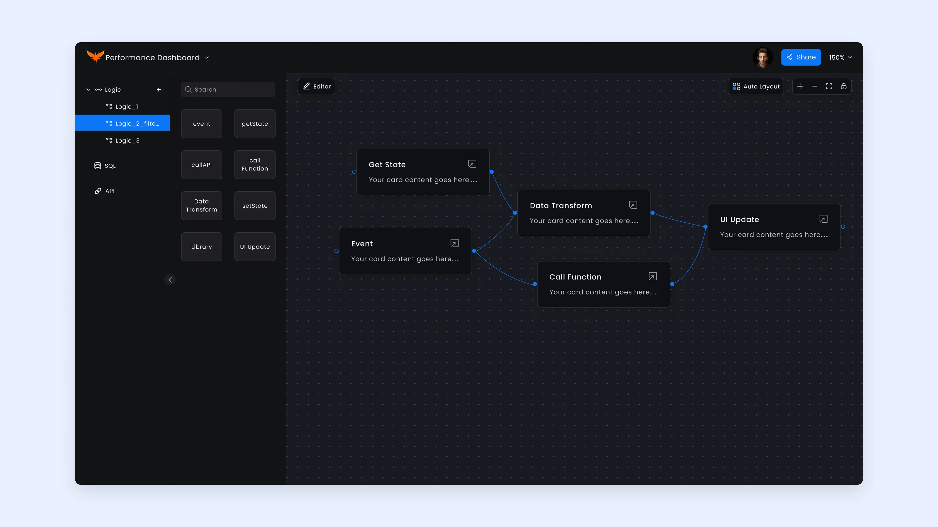 The first logic canvas, in a dark theme: a grid of blocks on the left and nodes joined by blue wires