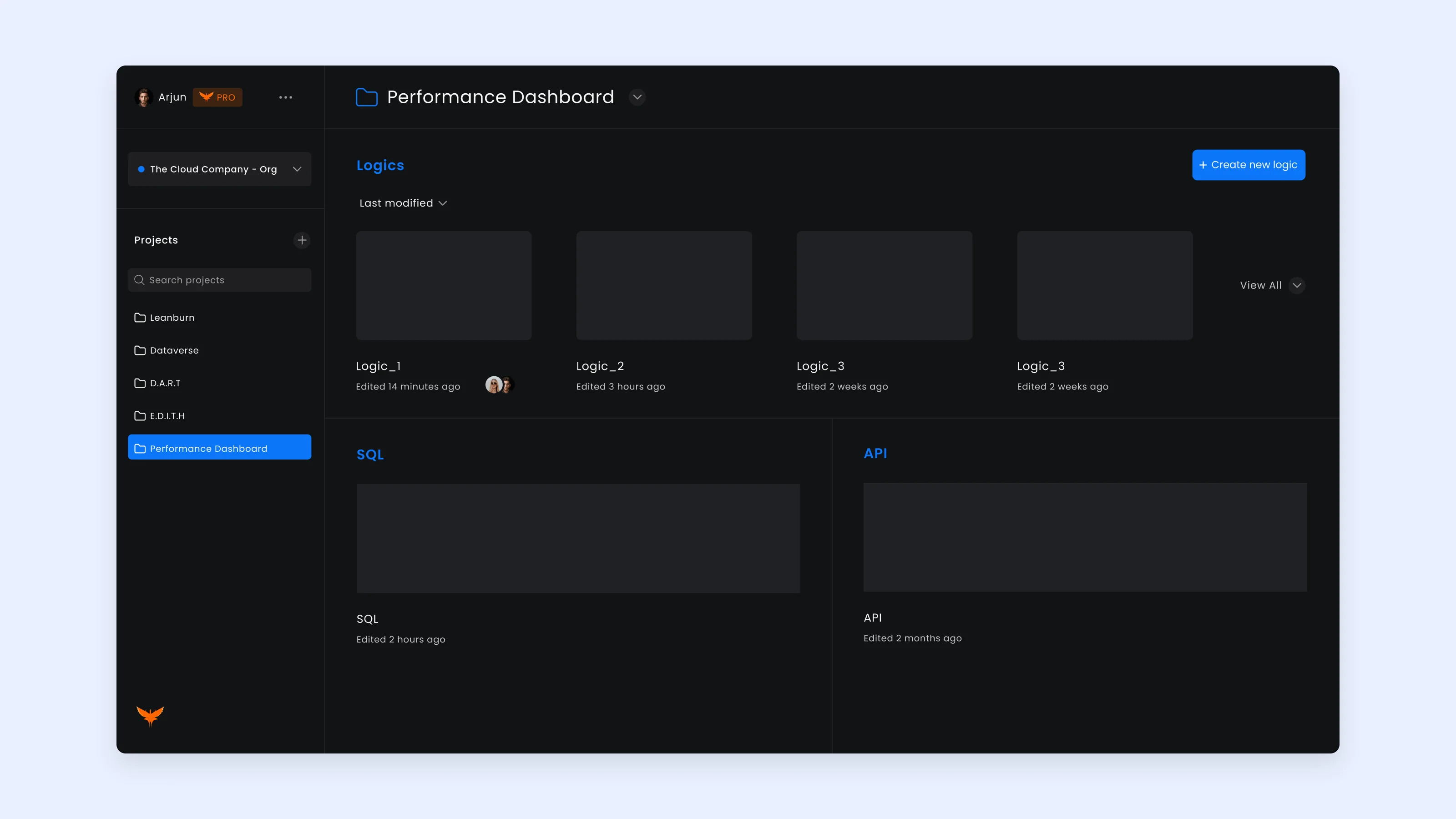 The first home screen: a project's logic files as cards, with SQL and API sections below