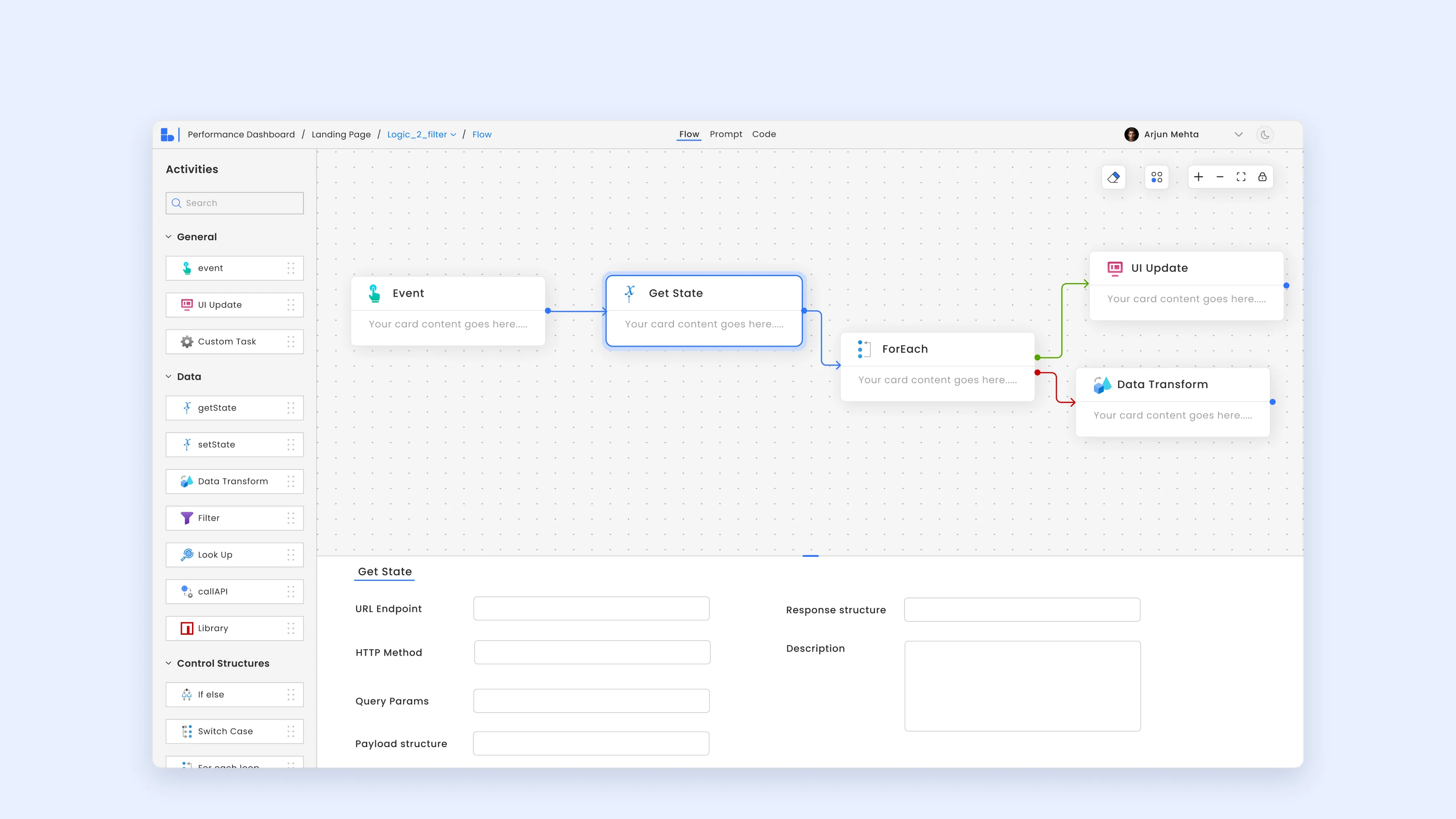 The current canvas in the light theme: grouped palette, a flow with success and error branches, and the docked config panel
