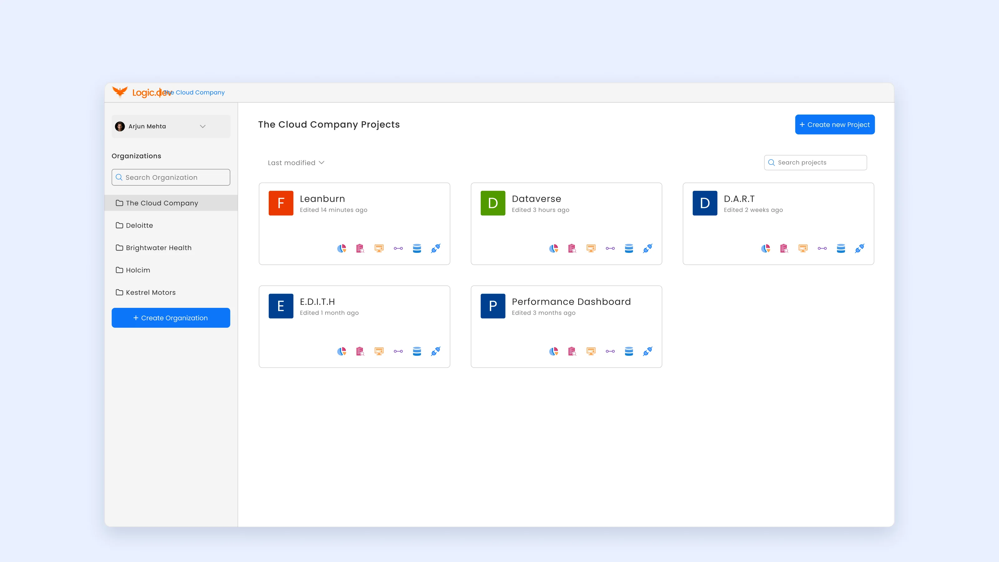 The projects list in the light theme, with organisations in the sidebar