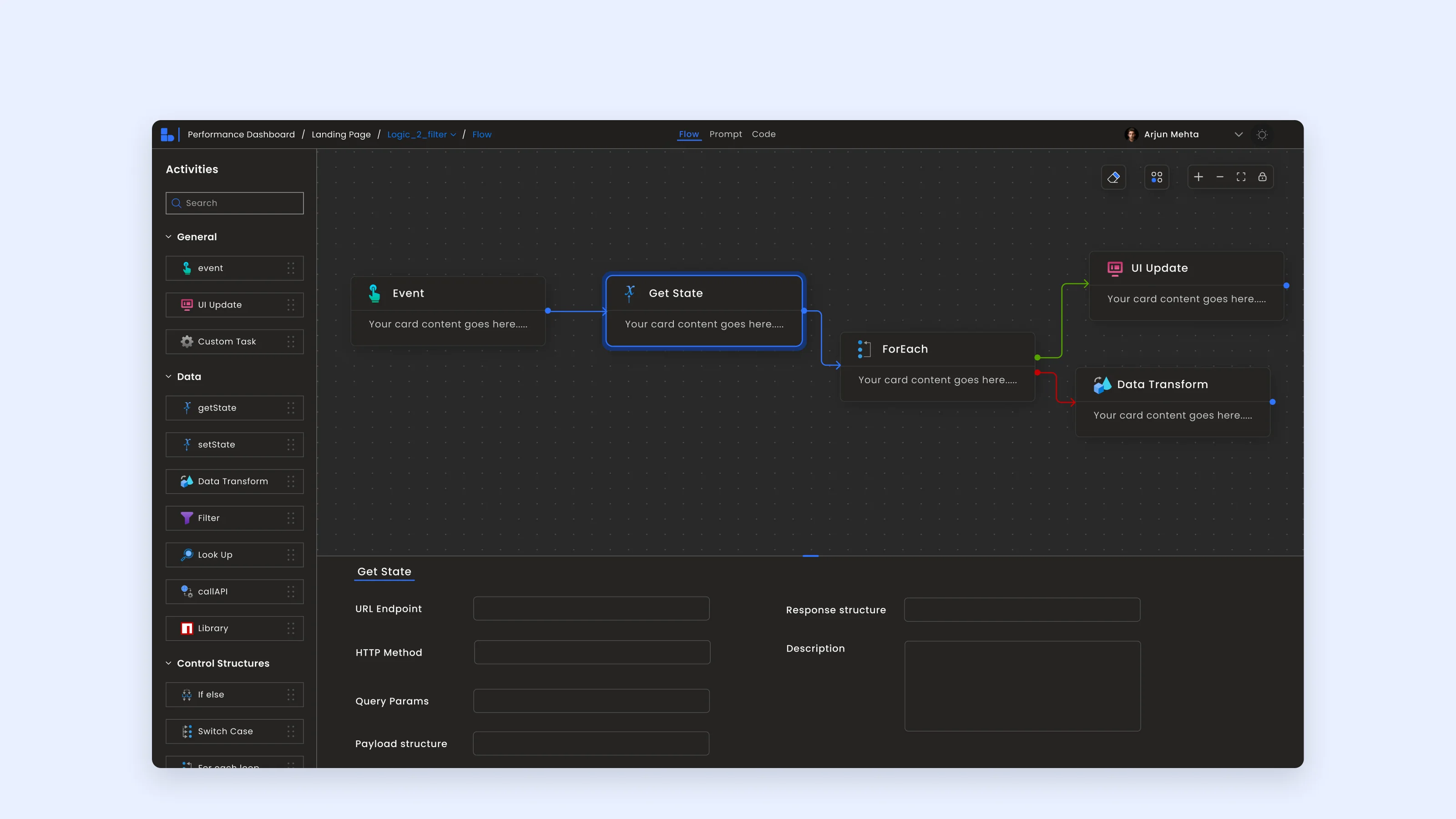 Logic canvas: node palette on the left, a flow of connected nodes, a config panel docked below and view tabs above