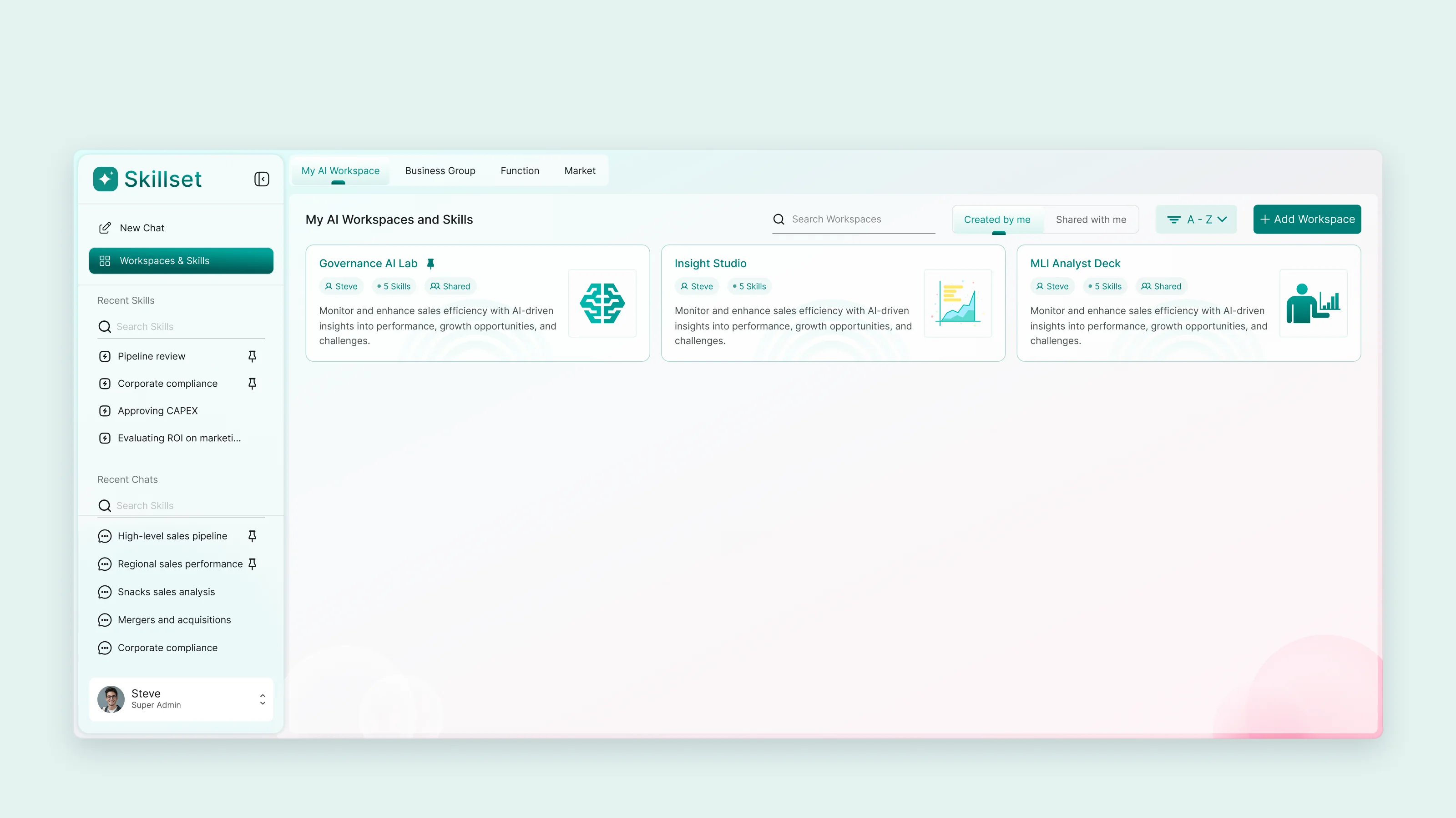 Workspace list with filters for created by me, shared with me and pinned, and skill cards inside a workspace