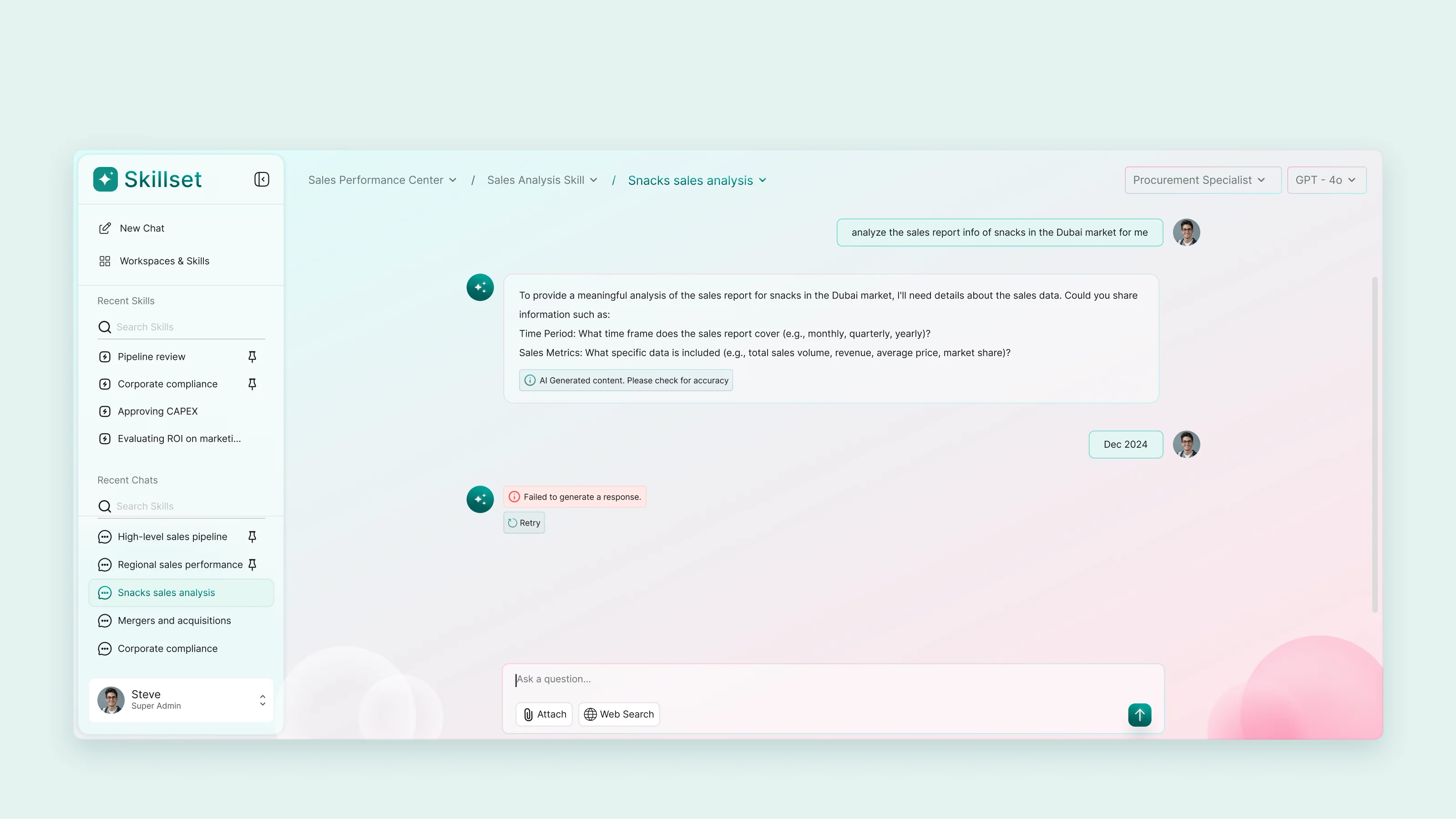 A chat where one answer failed to generate, with a retry button under the error