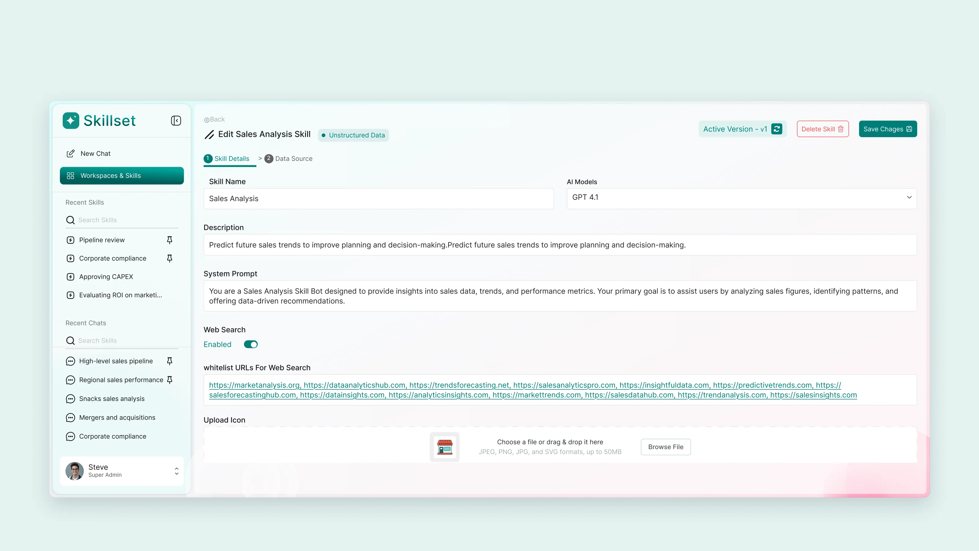 Skill editor with Skill Details and Data Source tabs, a model picker, the system prompt, web search with an allow-list, and the active version badge